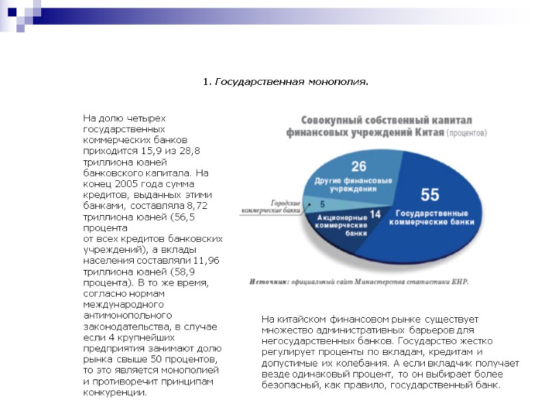 На долю четырех государственных коммерческих банков приходится 15,9 из 28,8 триллиона юаней банковского капитала.